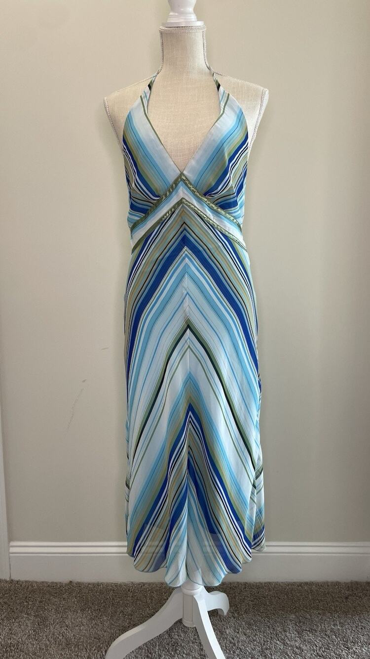 Vintage Y2K Rabbit Rabbit Rabbit Striped Lettuce Hem Midi Dress Halter Sz 8